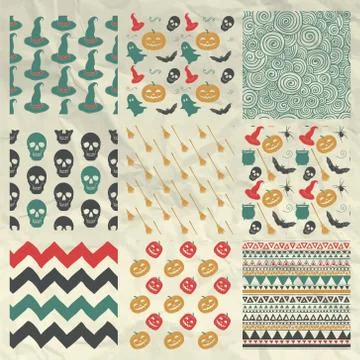 Set of Nine Vector Sketched Doodle Halloween Patterns Stock Illustration