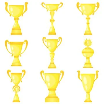 Set of nine vector trophy champion cups in gold Stock Illustration