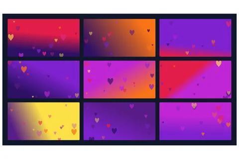 Set of Nine Vibrant Gradient Backgrounds Featuring Floating Heart Shapes fo.. Illustrazione stock