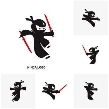 Set of Ninja Warrior logo Design Vector Template. Silhouette of japanese figh Stock Illustration