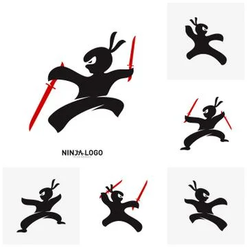 Set of Ninja Warrior logo Design Vector Template. Silhouette of japanese figh Stock Illustration