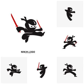 Set of Ninja Warrior logo Design Vector Template. Silhouette of japanese figh Stock Illustration