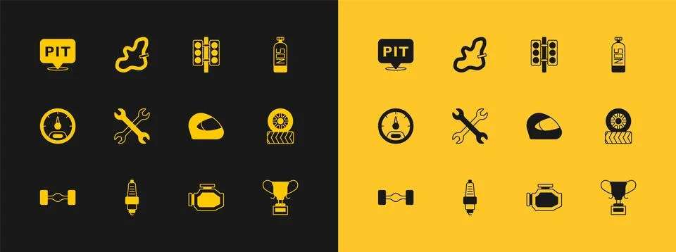 Set Nitrous oxide, Car spark plug, Racing helmet, Check engine, Wrench span.. Stock Illustration