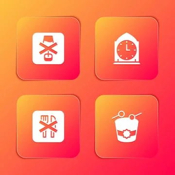 Set No alcohol, Clock, Ramadan fasting and drum icon. Vector Stock Illustration
