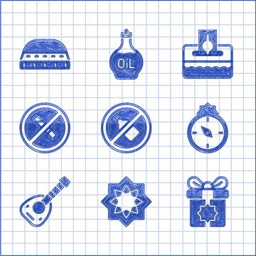 Set No alcohol, Octagonal star, Gift box, Qibla, Lute, Smoking, Donate or pay Stock Illustration