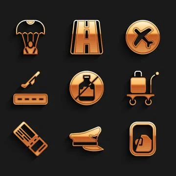 Set No alcohol, Pilot hat, Airplane window, Trolley baggage, Airline ticket.. 스톡 일러스트