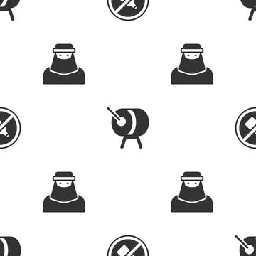 Set No alcohol, Ramadan drum and Muslim woman in niqab on seamless pattern... 库存插图