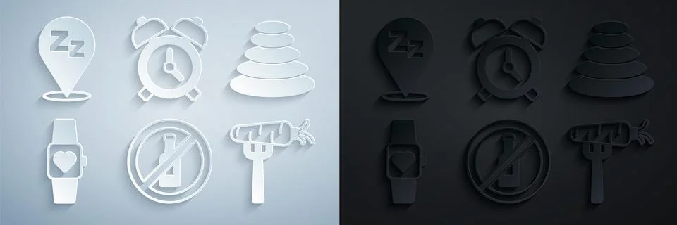 Set No alcohol, Stack hot stones, Smart watch, Carrot fork, Alarm clock and イラスト素材