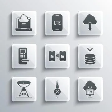 Set No audio jack, Smart Tv, data server, Data transfer and storage, Satellite Stock Illustration