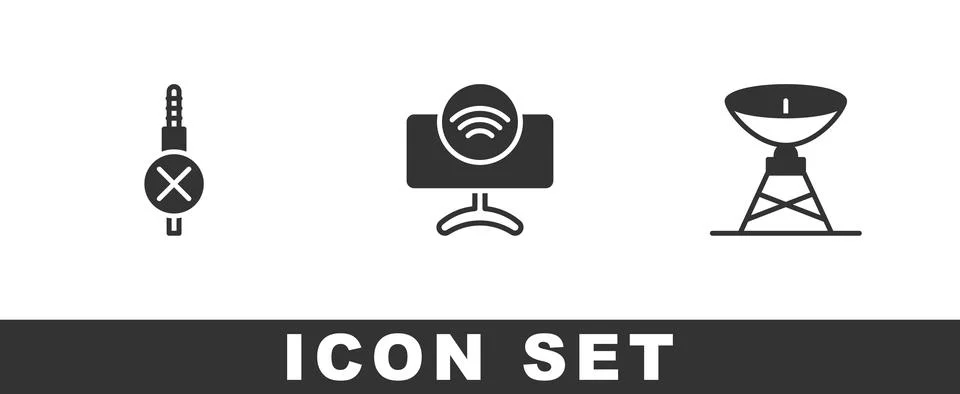 Set No audio jack, Smart Tv system and Satellite dish icon. Vector Stock Illustration