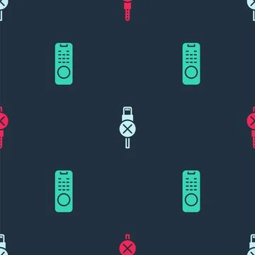 Set No audio jack, usb cable cord and Remote control on seamless pattern. Vector Illustration