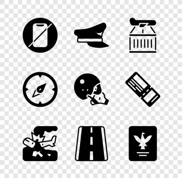 Set No cell phone, Pilot hat, Plane, crash, Airport runway, Passport, Compass Illustrazione stock