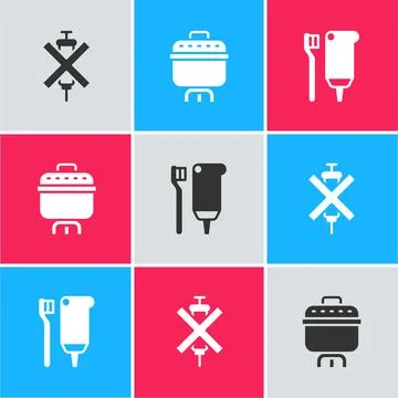 Set No doping syringe, Cooking pot and Toothbrush and toothpaste icon. Vector Ilustración de archivo