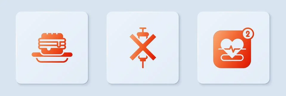 Set No doping syringe, Junk food and Mobile with heart rate. White square button Stock Illustration