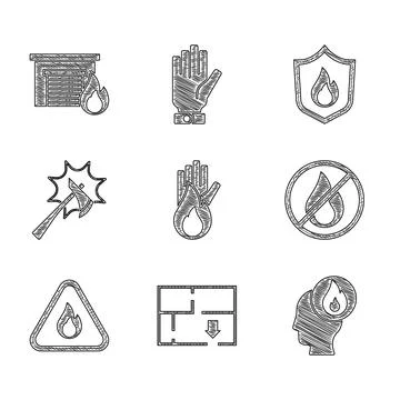 Set No fire, Evacuation plan, Firefighter, flame in triangle, axe, protection Illustration
