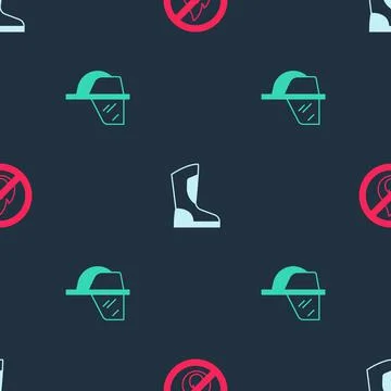 Set No fire, Fire boots and Firefighter helmet on seamless pattern. Vector 스톡 일러스트