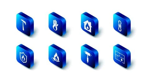 Set No fire, Fire in burning house, Climber rope, Evacuation plan, Firefighter Illustration