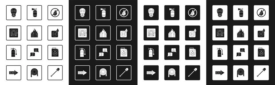 Set No fire, Fire in burning buildings, hose cabinet, Gas mask, Electric wiring Stock Illustration