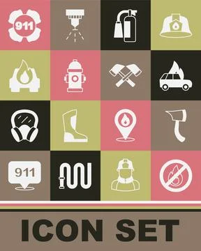 Set No fire, Firefighter axe, Burning car, extinguisher, hydrant, Emergency call Illustration