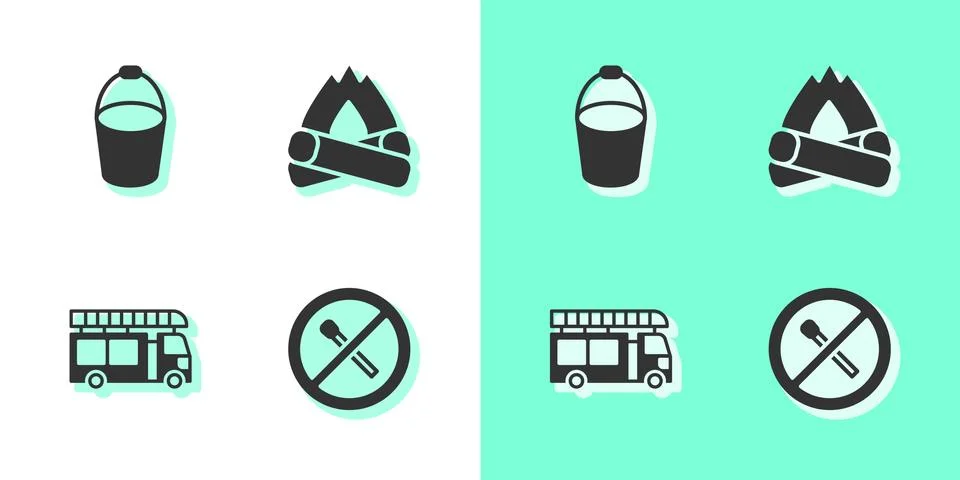 Set No fire match, Fire bucket, truck and Campfire icon. Vector Illustrazione stock