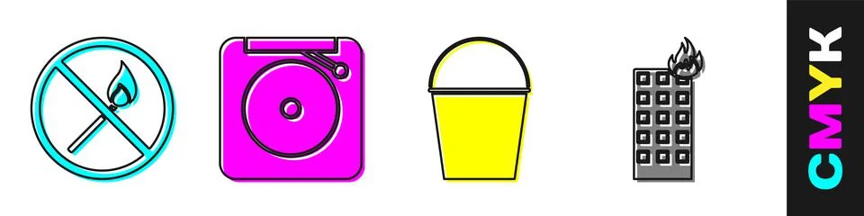 Set No fire match, Ringing alarm bell, Fire bucket and Fire in burning building Ilustración de archivo