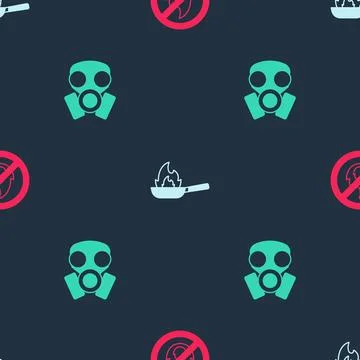 Set No fire, Pan with and Gas mask on seamless pattern. Vector Stock Illustration