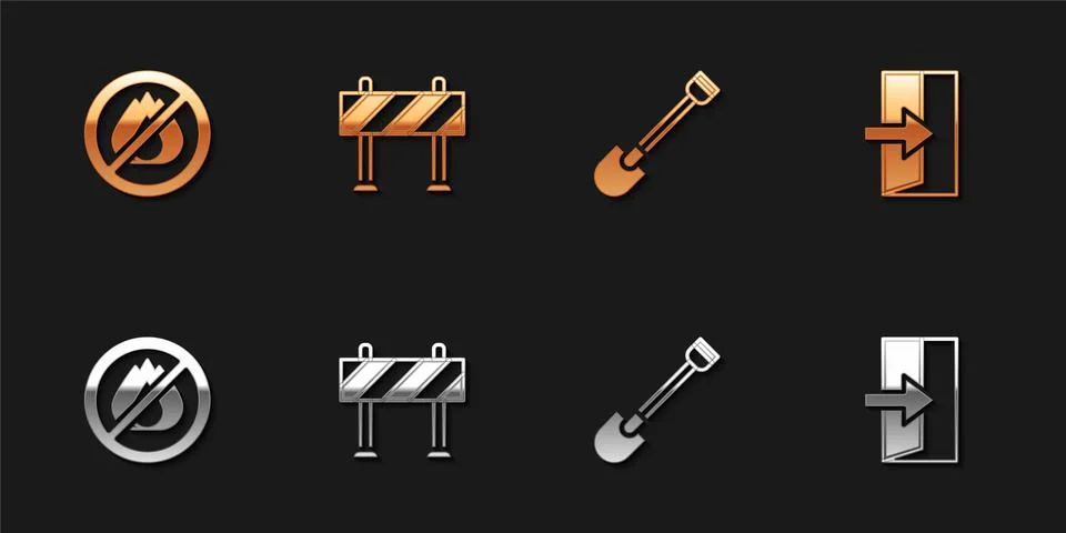 Set No fire, Road barrier, Fire shovel and exit icon. Vector Illustration