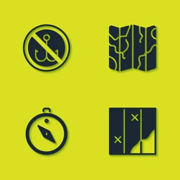 Set No fishing, Folded map, Compass and icon. Vector Illustrazione stock