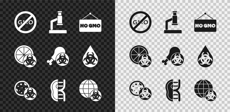 Set No GMO, Microscope, Genetically modified meat, orange and Gmo research Illustrazione stock