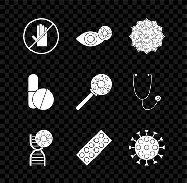 Set No handshake, Reddish eye due to virus, Virus, DNA symbol, Pills in bli.. Stock Illustration