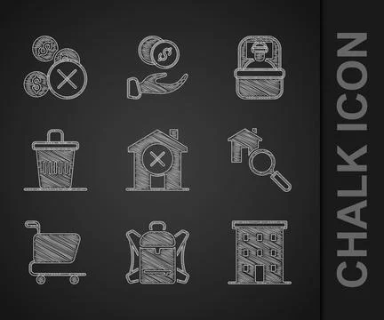 Set No house, Hiking backpack, Multi storey building, Search, Shopping cart,  Ilustración de archivo