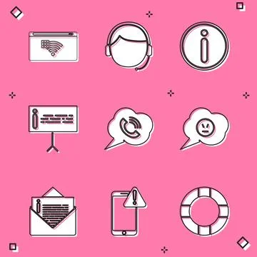 Set No Internet connection, Man with a headset, Information, Speech bubble phone Stock Illustration