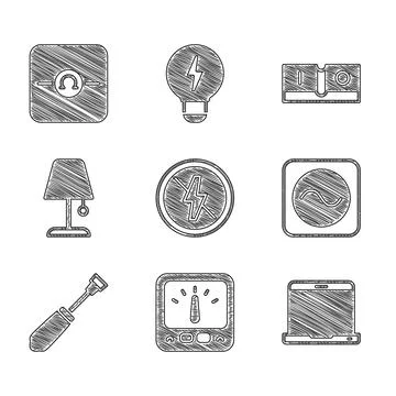 Set No lightning, Ampere meter, multimeter, Laptop, AC voltage source Illustrazione stock