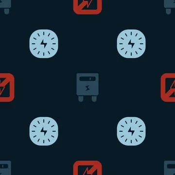 Set No lightning, Electric meter and Lightning bolt on seamless pattern. Vector Stock Illustration