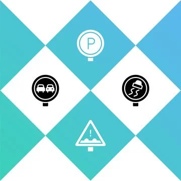 Set No overtaking road traffic, Uneven ahead sign, Parking and Slippery icon Stock Illustration