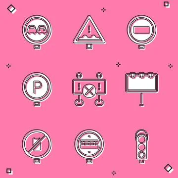 Set No overtaking road traffic, Uneven ahead sign, Stop, Parking, Road barrier Stock Illustration
