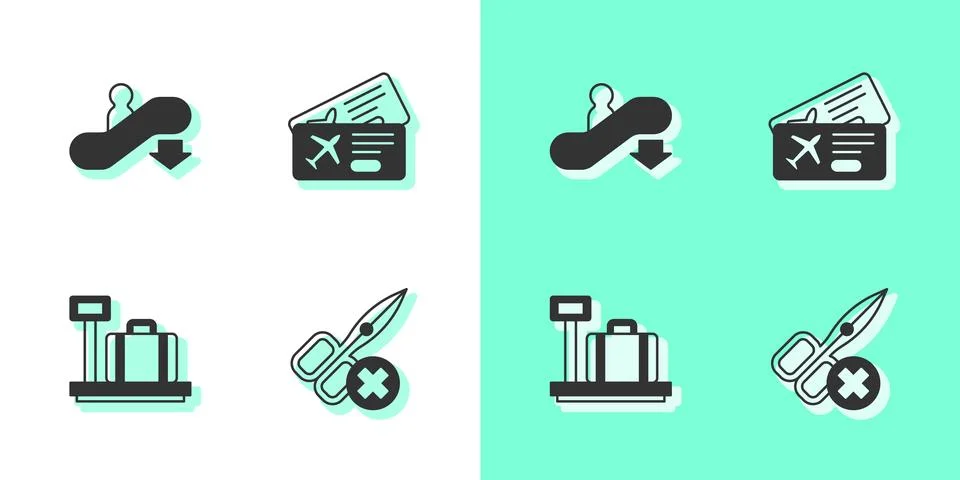 Set No scissors, Escalator down, Scale with suitcase and Airline ticket ico.. Stock Illustration