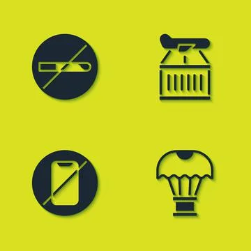 Set No Smoking, Box flying on parachute, cell phone and Plane icon. Vector 스톡 일러스트