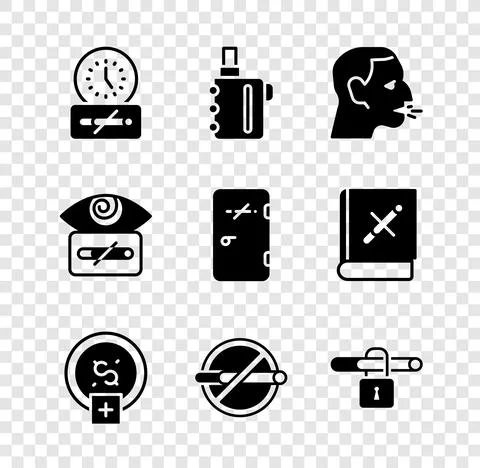 Set No smoking time, Electronic cigarette, Man coughing, Stop smoking, money Stock Illustration