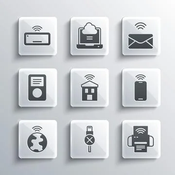 Set No usb cable cord, Smart printer system, Mobile with wi-fi wireless, home Stock Illustration