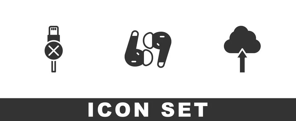 Set No usb cable cord, Air headphones and Cloud upload icon. Vector Stock Illustration