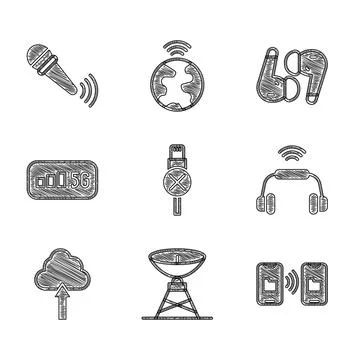 Set No usb cable cord, Satellite dish, Data transfer and storage, Smart Stock Illustration