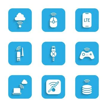 Set No usb cable cord, Wi-Fi wireless internet, Smart data server, Wireless Stock Illustration