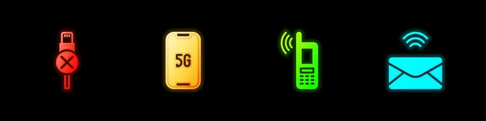 Set No usb cable cord, Mobile with 5G, wi-fi wireless and Mail and e-mail icon Illustrazione stock