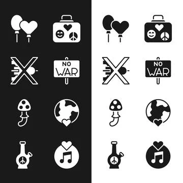 Set No war, Balloons, Suitcase for travel, Psilocybin mushroom, The heart w.. Stock Illustration