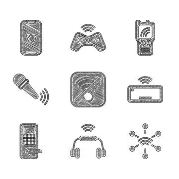 Set No Wi-Fi wireless internet, Smart headphones system, Network, Computer Stock Illustration