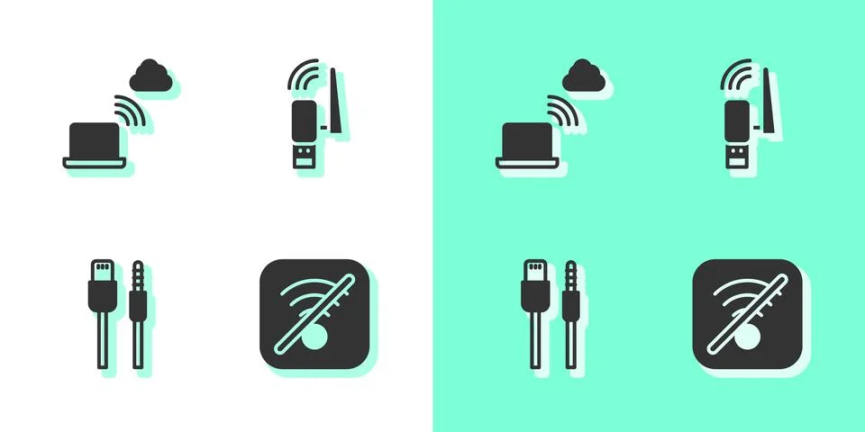Set No Wi-Fi wireless internet, Network cloud connection, USB cable cord and  库存插图