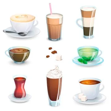 Set of non-alcoholic beverages - tea, herbal tea, hot chocolate, latte, mate, Stock Illustration