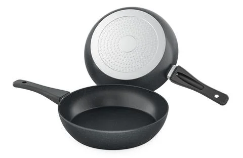 Set of nonstick frying pans set, black skillet with handle, top and bottom .. Illustration