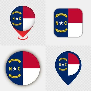 Set of North Carolina State Flag Icons and Map Pins. Stock Illustration